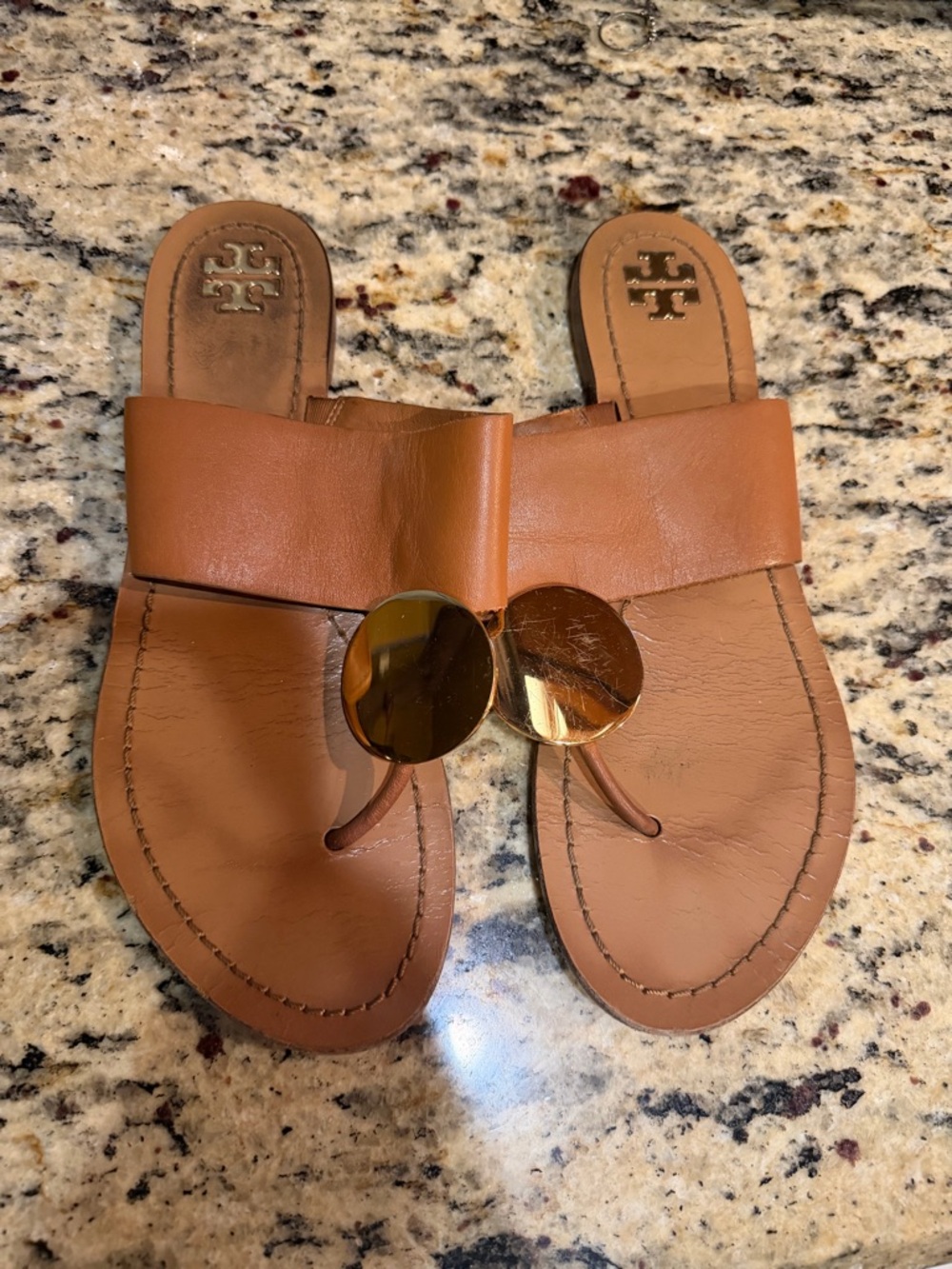 Tory Burch Tan Leather Thong Sandals with Gold Discs